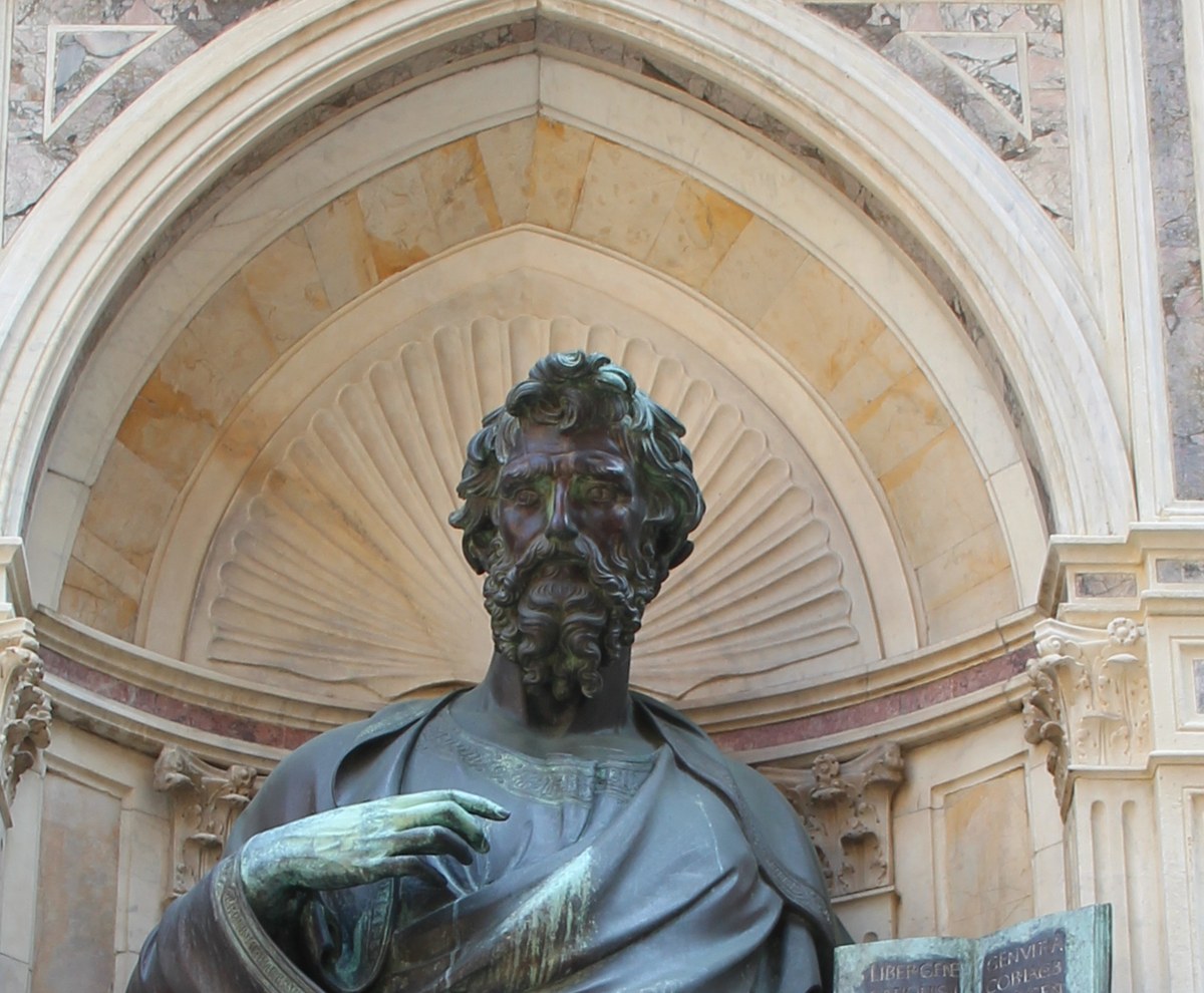 Head and downward address detail from the exterior replica of Ghiberti’s St Matthew